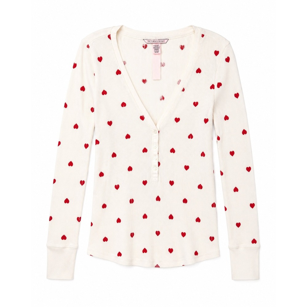 Victoria's Secret Women XS White Red Heart Waffle Knit Henley Pajama Top NWT